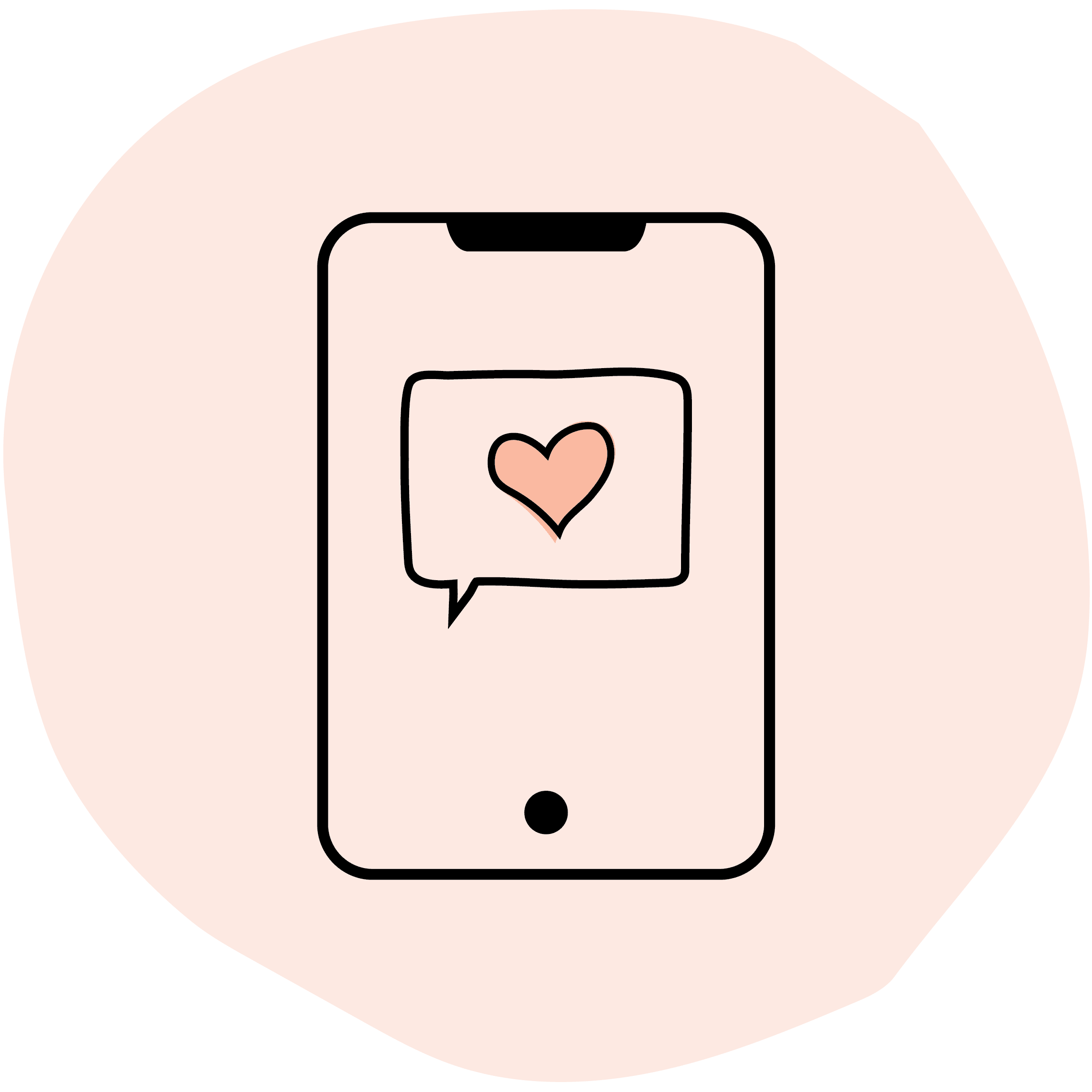 Simple line drawing of a mobile phone with a message icon. Inside the message is a red heart.